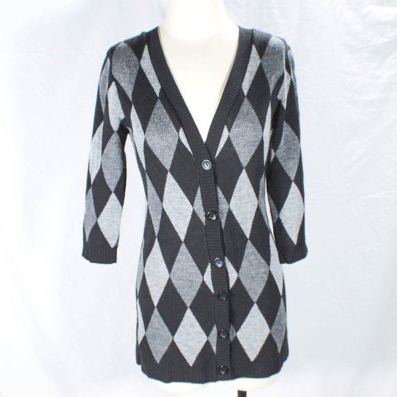 Y2K 2000s Harlequin Patterned Black Gray Hue Button Cardigan Lorelei Gilmore - Picture 1 of 7